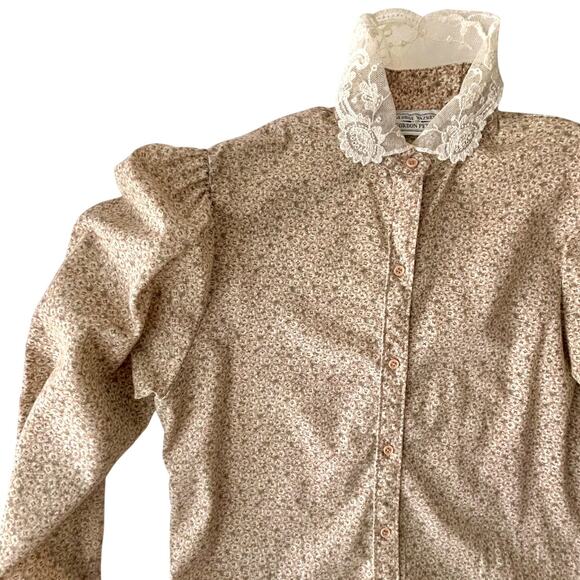 Vintage 70s Prairie Micro Floral Puffy Sleeves Lace Trim Cottage Pioneer Small - Picture 5 of 11